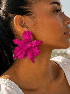 Hot Pink Oversized Floral Statement Earrings Tropical Flower Dangles